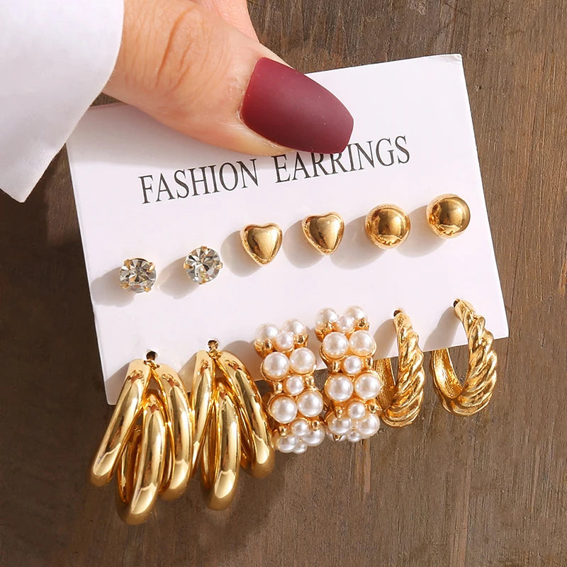 GeoPearl β Vintage Gold Geometric Pearl Earrings Set