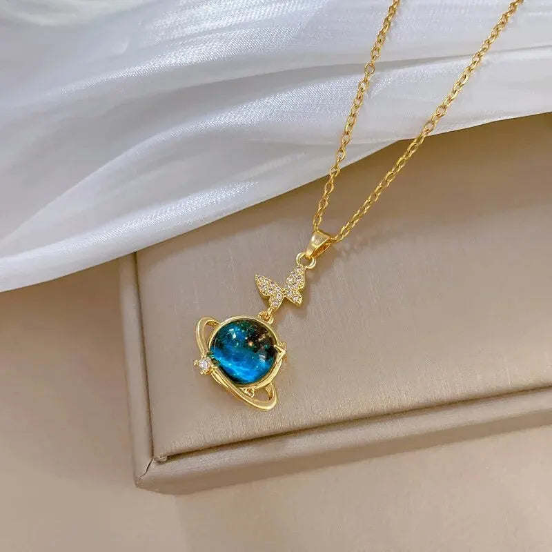 Titanium Star & Planet Pendant Necklace β Gold Astronaut Moon Charm Jewelry for Women