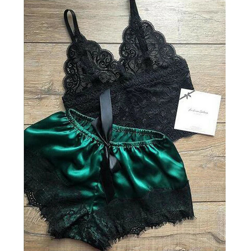 2-Piece Lace Lingerie Sleepwear Set β Cami Top & Shorts Pajamas