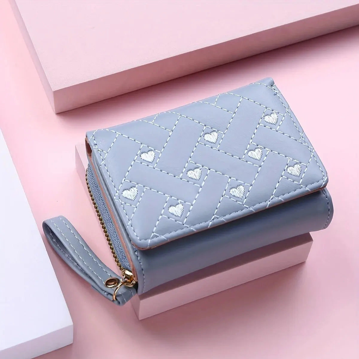 Women’s Short Embroidered Love Wallet – Large Capacity Card & Coin Zipper Bag