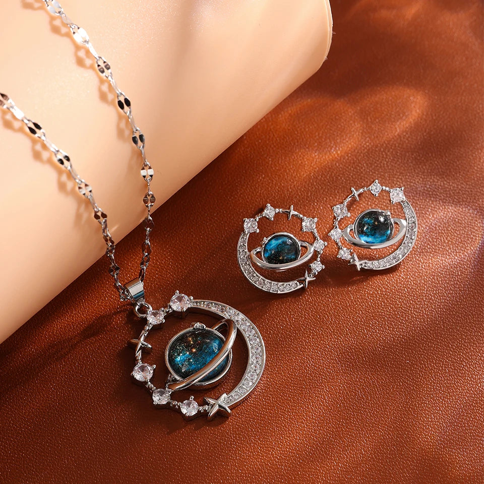 Titanium Star & Planet Pendant Necklace β Gold Astronaut Moon Charm Jewelry for Women