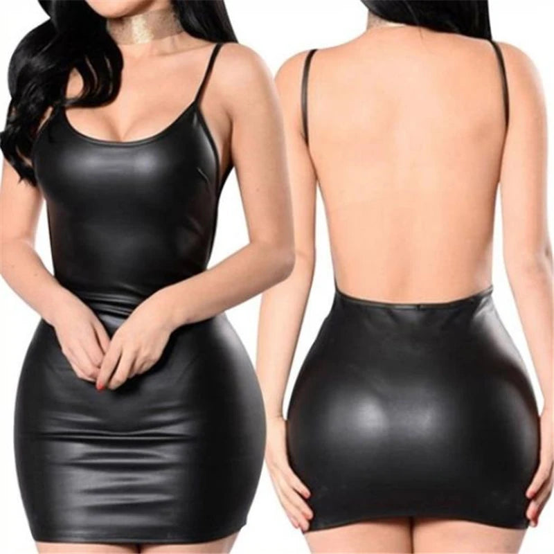 Faux Leather Bodycon Club Dress β Sexy Backless Wet Look Mini with Push-Up Bra