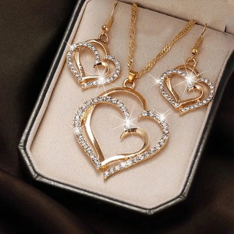 3-Piece Double Heart Jewelry Set β Rhinestone Necklace & Earrings for Women