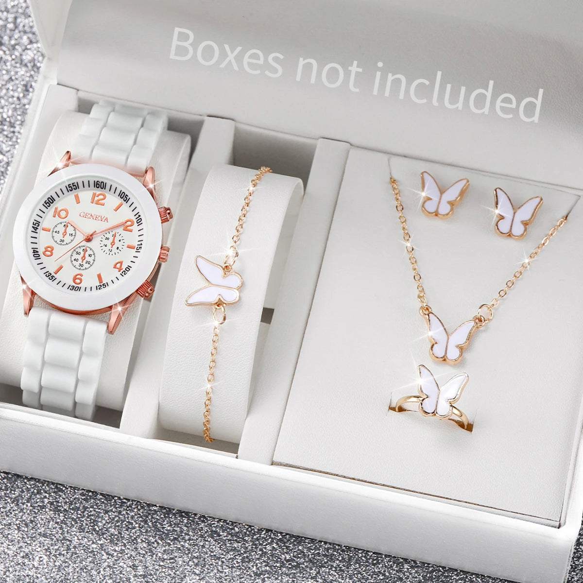 5/6PCS Women’s Fashion Watch & Jewelry Set – Silicone Band Quartz Watches Gift (No Box)
