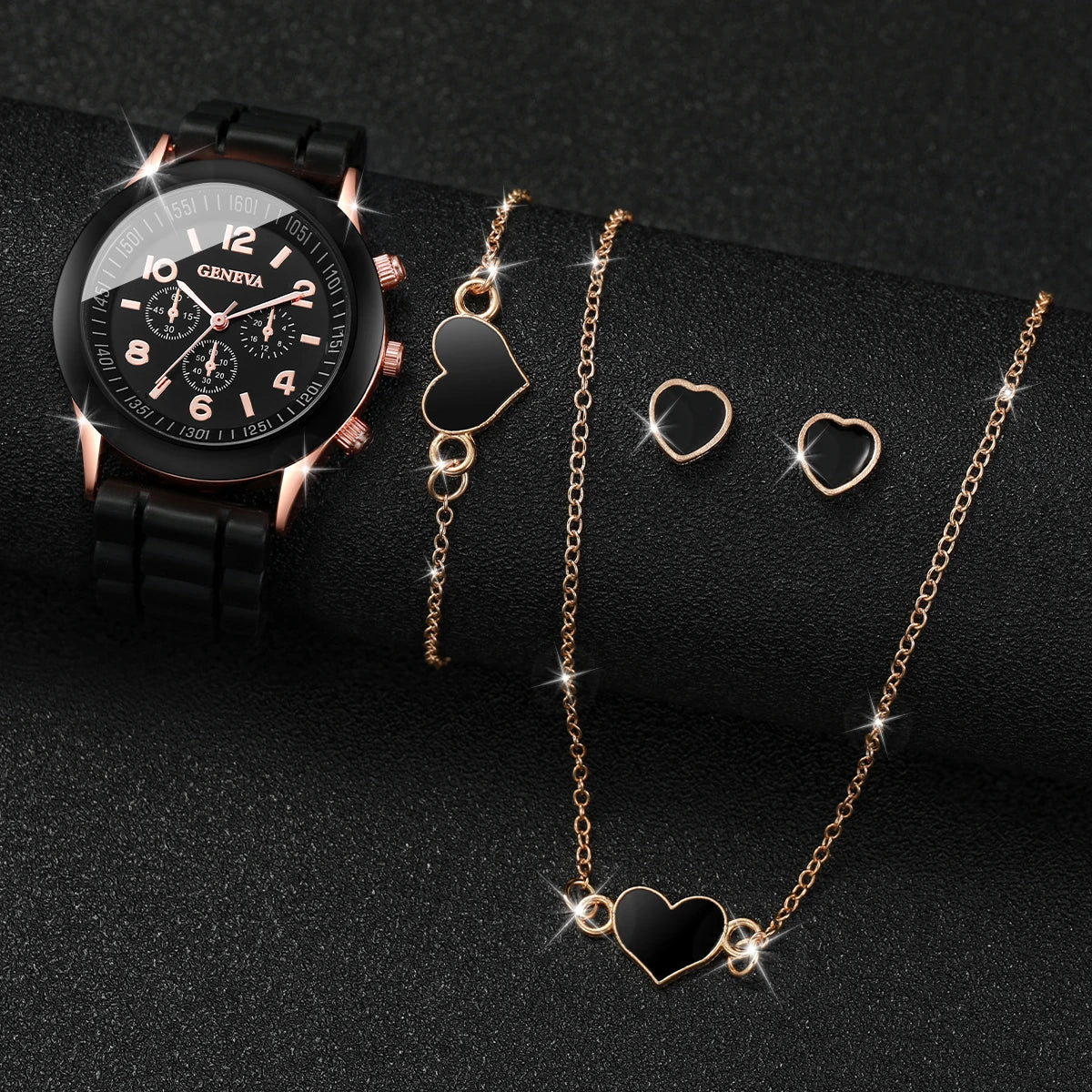 5/6PCS Women’s Fashion Watch & Jewelry Set – Silicone Band Quartz Watches Gift (No Box)