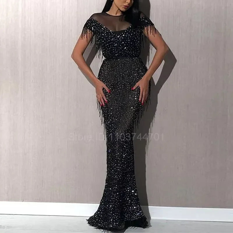 TulleWhisper β Embroidered Leaf Tassel Evening Gown