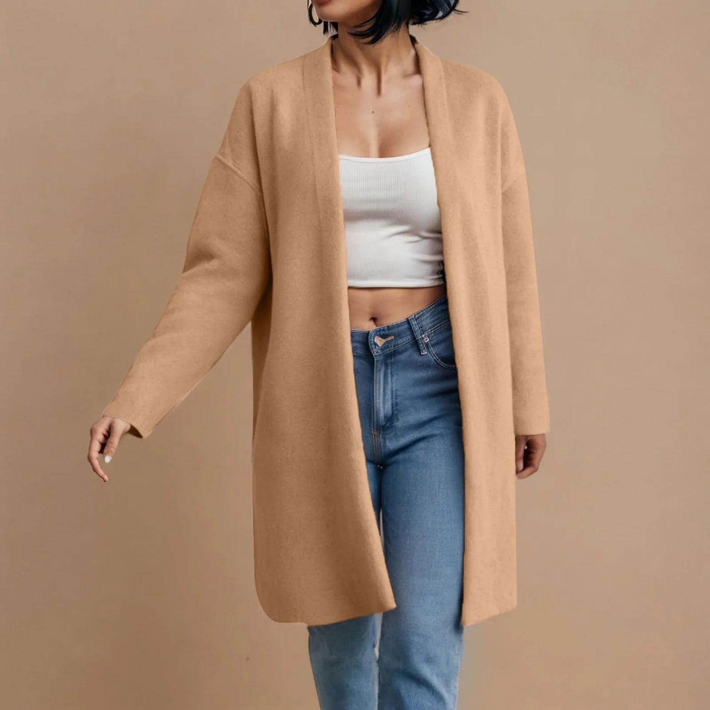 CozyEase β Women's Long Knit Cardigan with V-Neck & Open Front