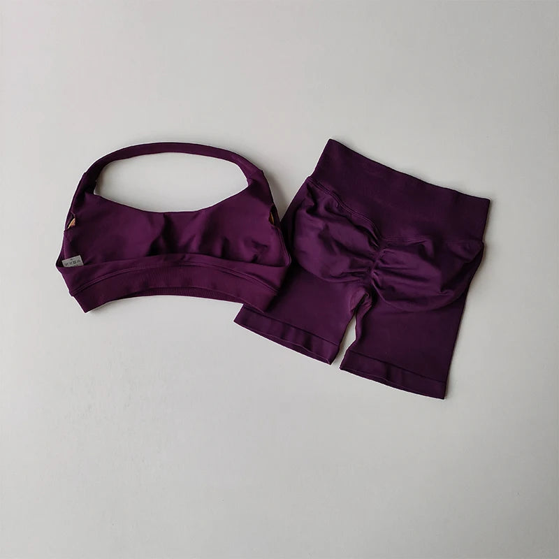Peach Curve Halter Sports Set β High Waist Shorts & Backless Yoga Bra for Pilates & Fitness