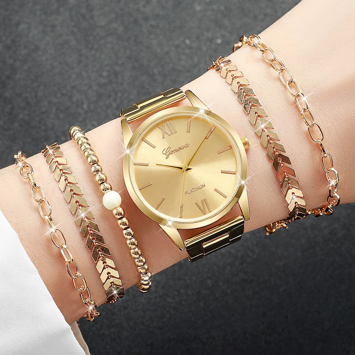 GoldenGlam – 3/6PCS Women's Gold Watch & Bracelet Set