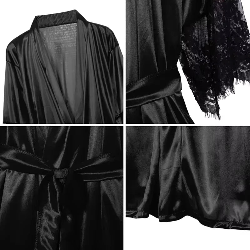 Lace Satin Robe & G-String Set β French Half-Sleeve Nightdress Sleepwear