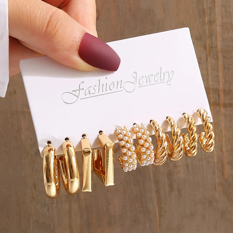 GeoPearl β Vintage Gold Geometric Pearl Earrings Set