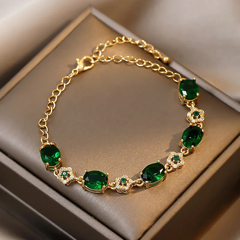 Luxury Green Rhinestone Link Bracelet β Vintage Gold Chain for Women