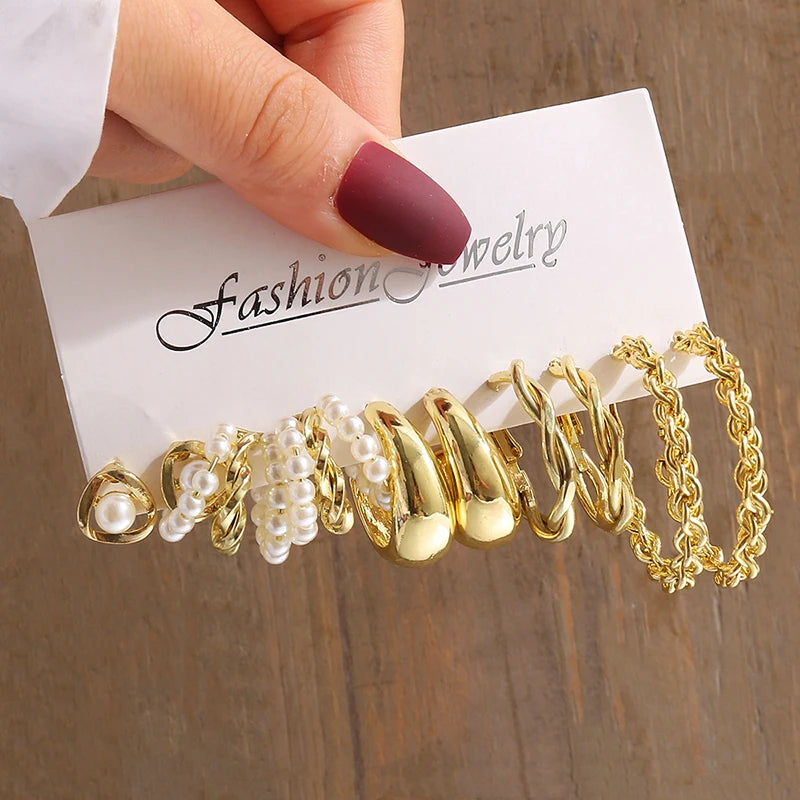 GeoPearl β Vintage Gold Geometric Pearl Earrings Set