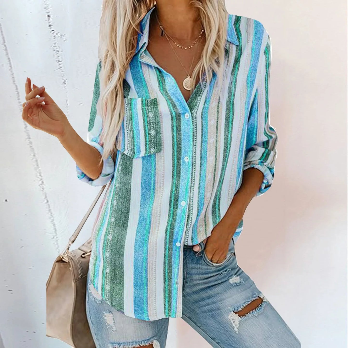StriVibe β 2025 Striped V-Neck Button Blouse
