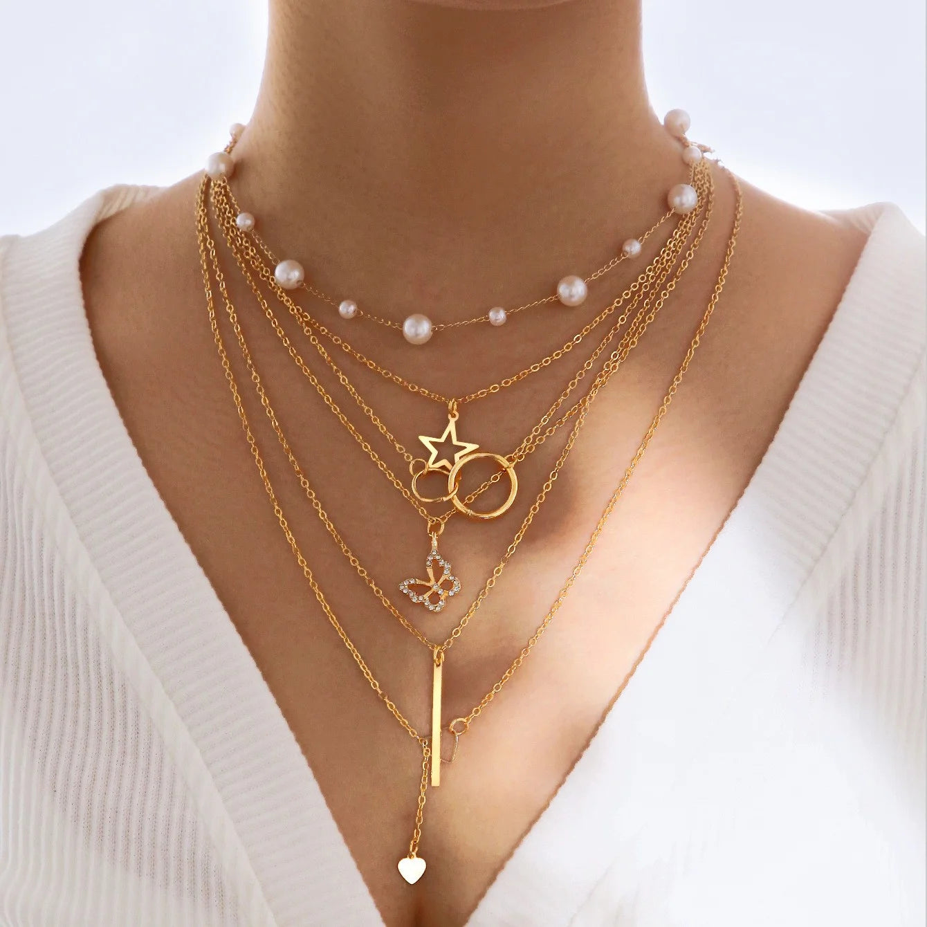 11-Piece Women’s Gold Zircon Necklace Set – Love Heart & Butterfly Pendants