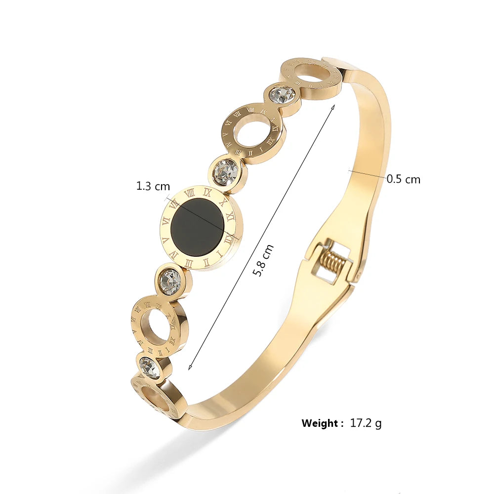 ZAKOL Black Shell Roman Numeral Titanium Steel Bangle β Hollow Circle Button Bracelet