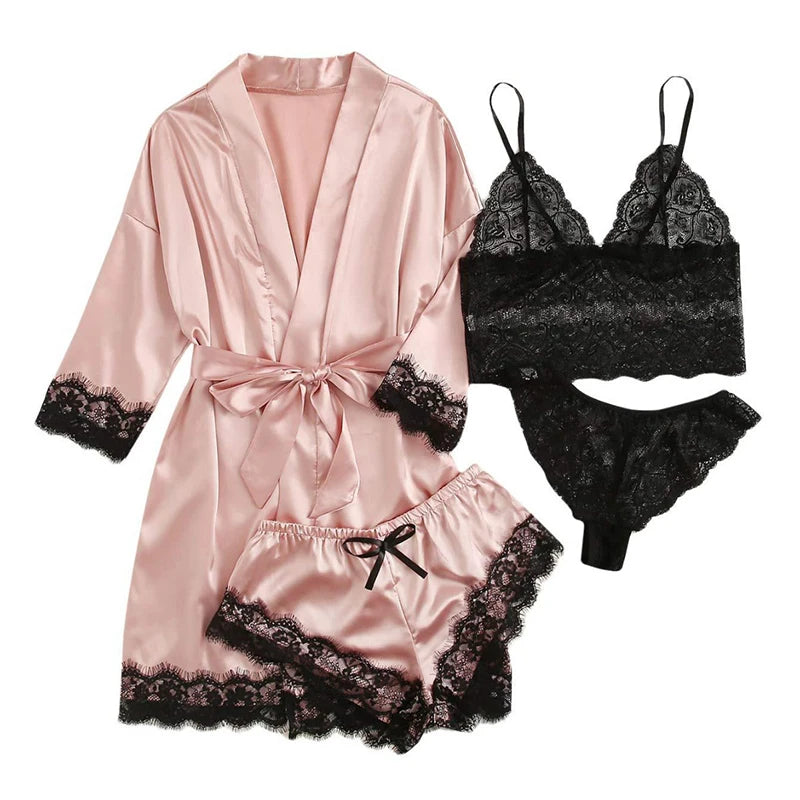 Satin Pajama Set with Lace Trim β Printed Faux Silk Sleepwear for Women