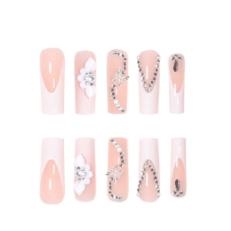 24-Pcs Long French Flower Drill Nails Set with File & Jelly Glue