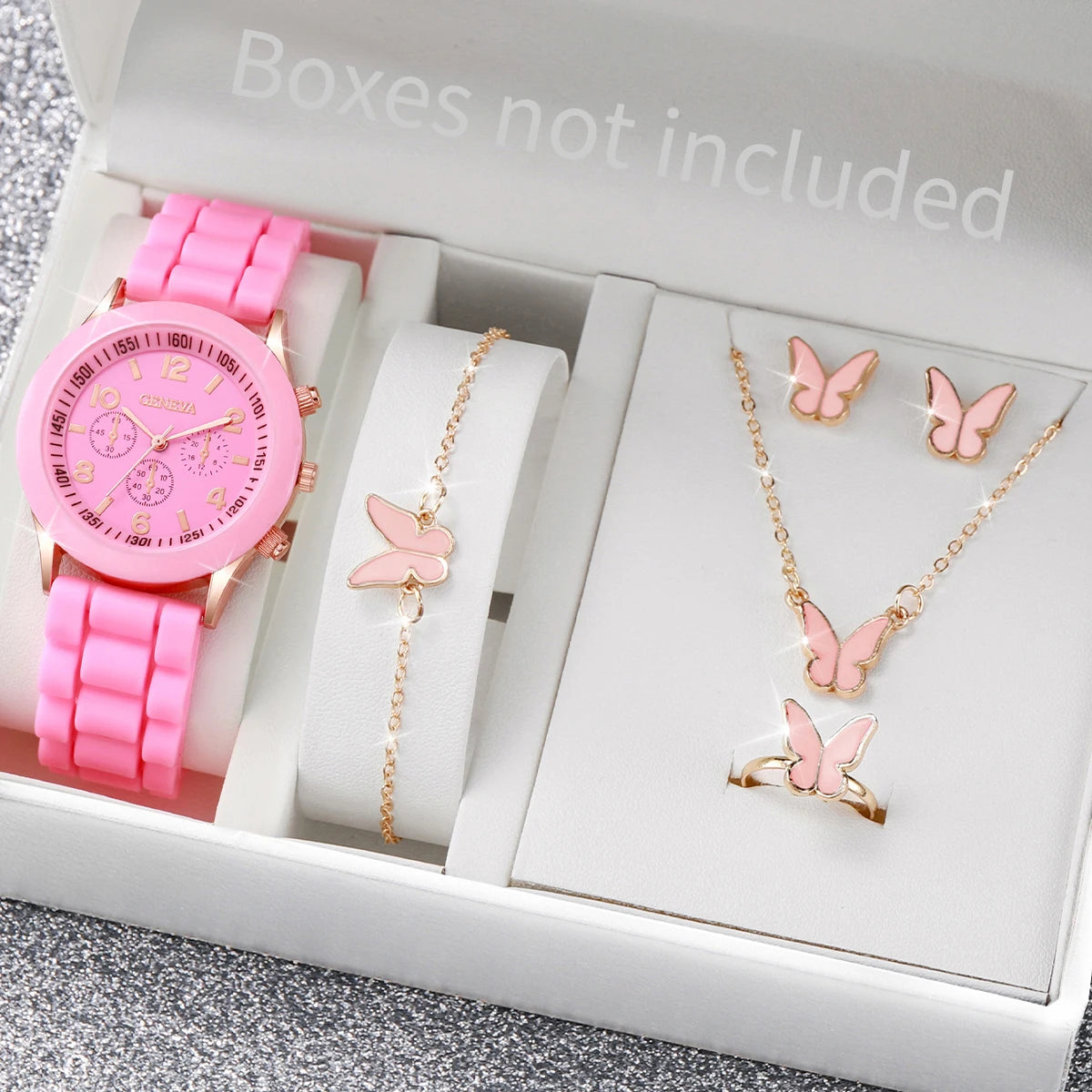 5/6PCS Women’s Fashion Watch & Jewelry Set – Silicone Band Quartz Watches Gift (No Box)