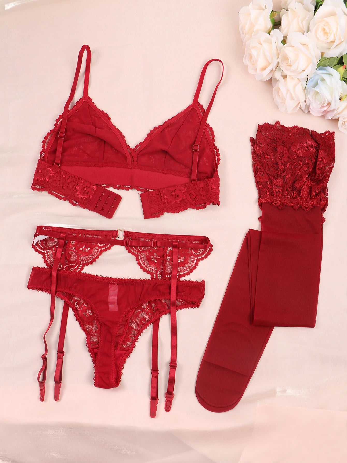 Varsbaby Lace Seduction Set β 4-Piece Non-Padded Bra, Panty & Garter Stockings Lingerie