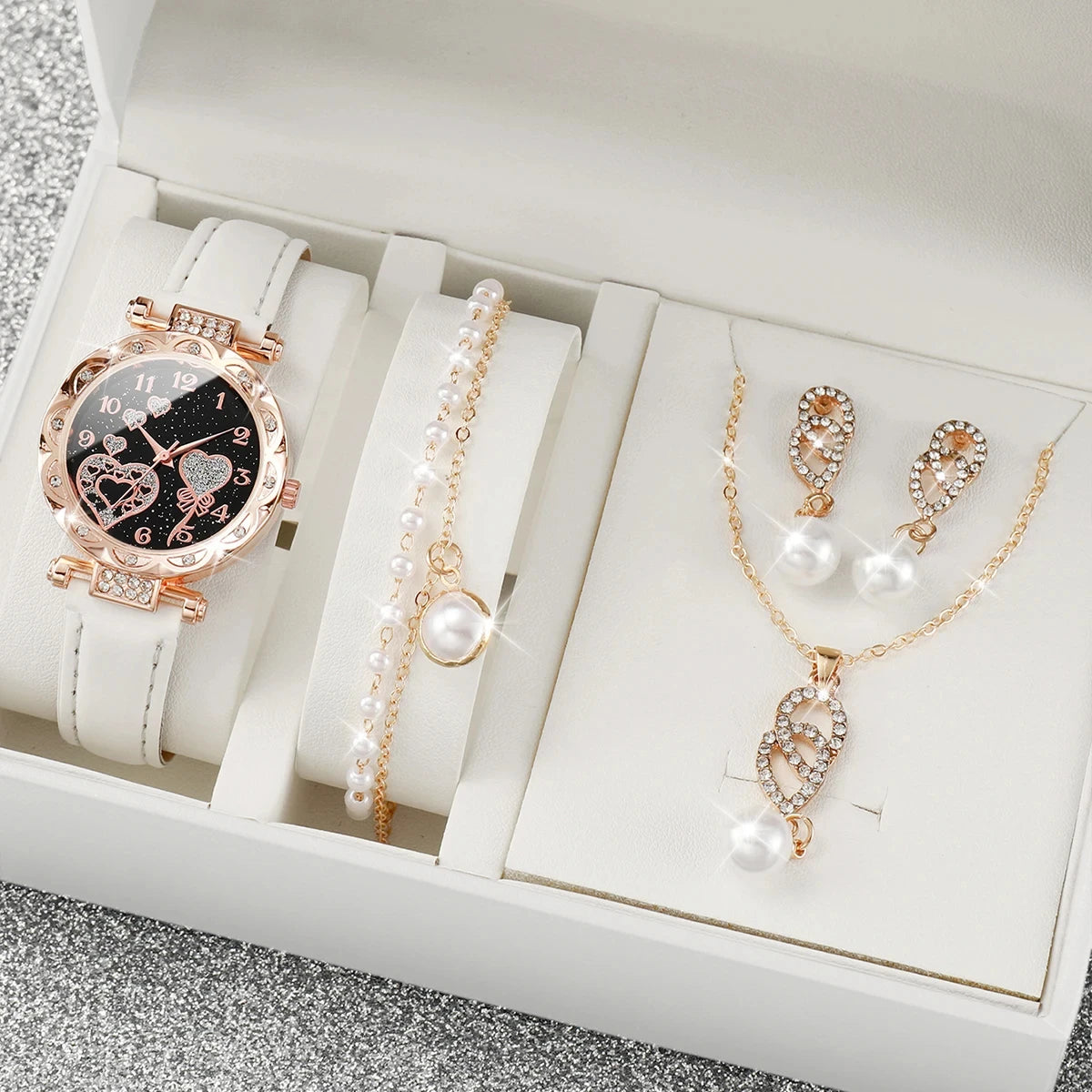 Shiny Rhinestone Watch & Faux Pearl Jewelry Set โ 4PCS Elegant Gift for Her