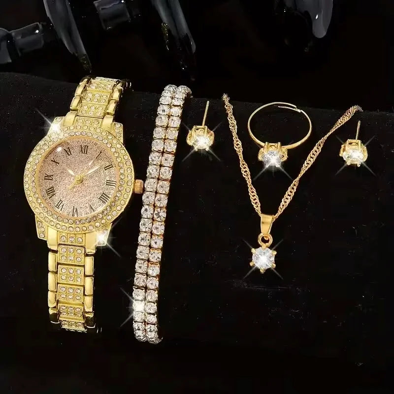 CrystalMuse Set β 6PCS Women's Luxury Watch & Rhinestone Bracelet Collection