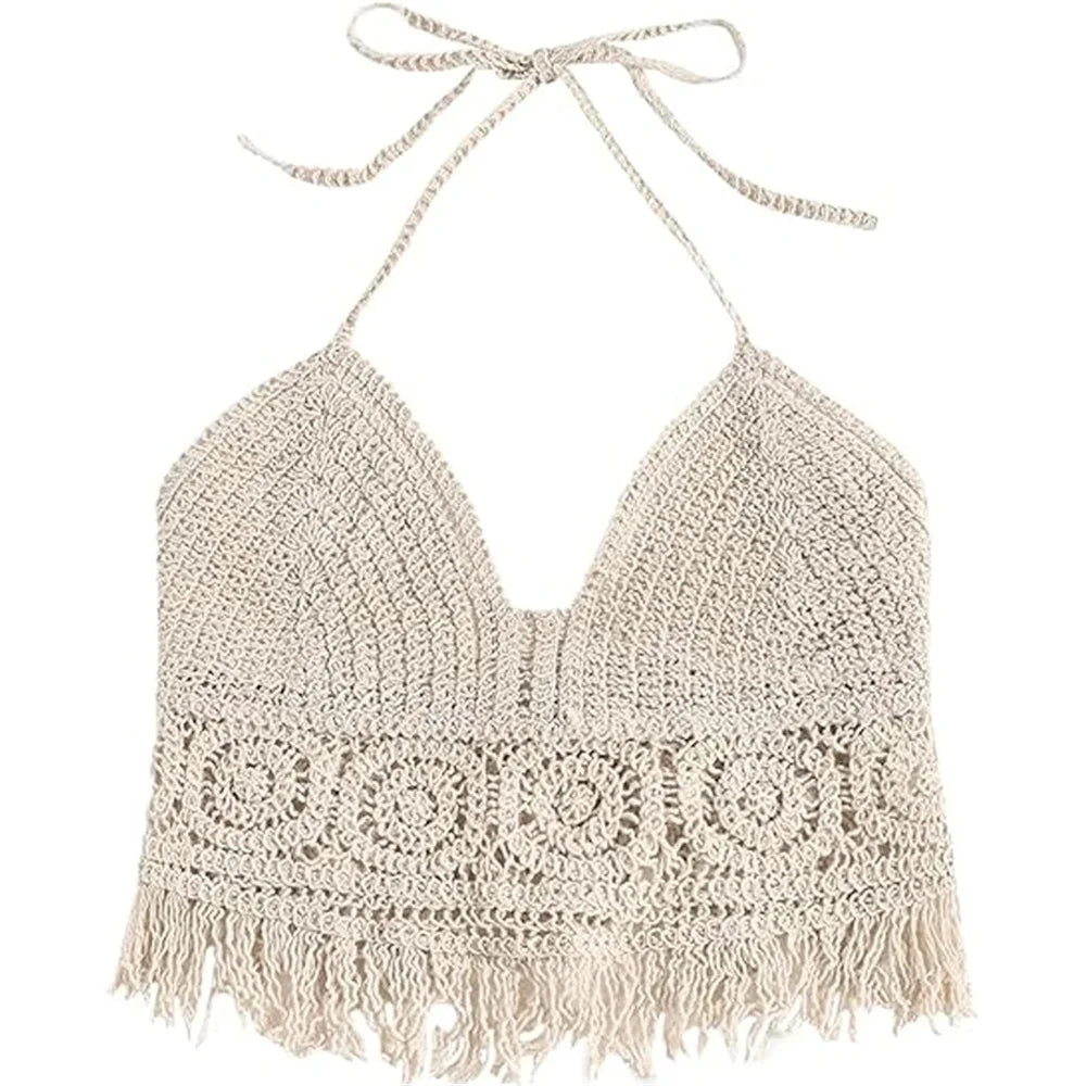 BohoGlam β Women's Fringe Embroidered Halter Crop Top