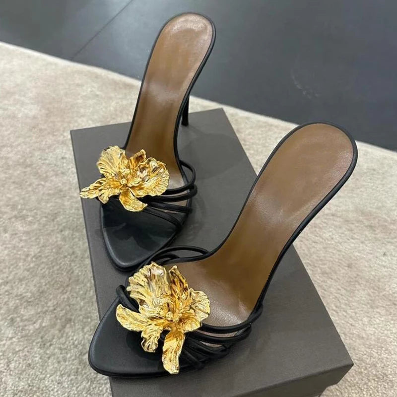 FloraStiletto 2025 β Metal Flower Thin Strap Sandals