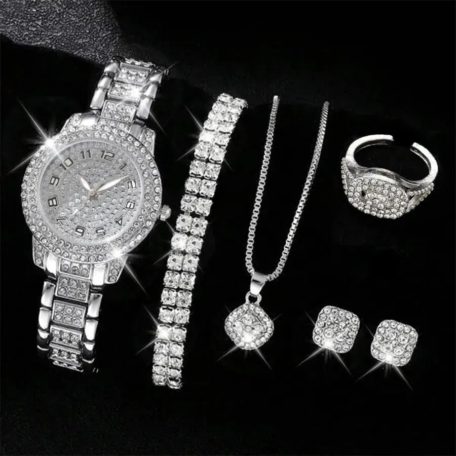 CrystalMuse Set β 6PCS Women's Luxury Watch & Rhinestone Bracelet Collection