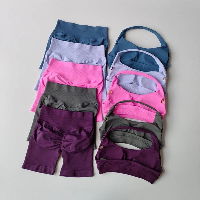 Peach Curve Halter Sports Set β High Waist Shorts & Backless Yoga Bra for Pilates & Fitness