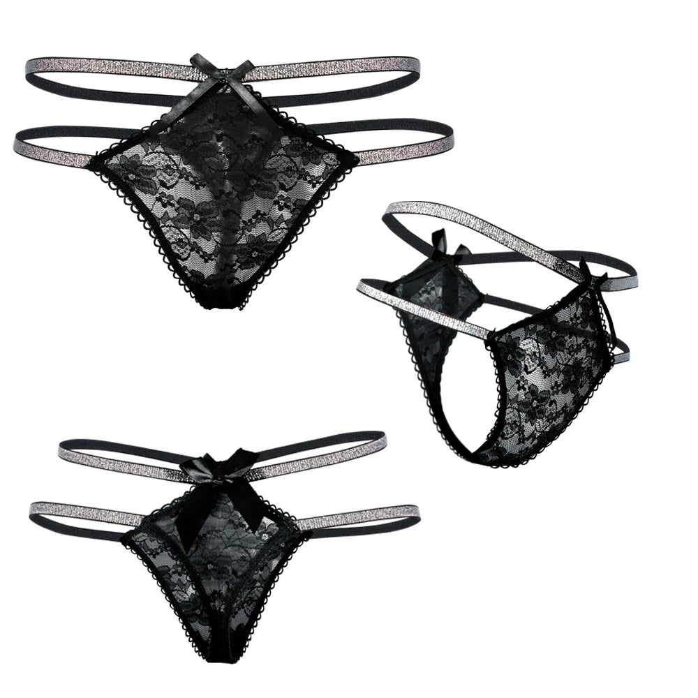 4-Pack Sparkling Silver Ribbon Thongs – Hollow Temptation Lingerie