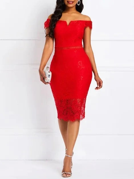 ÉclatCharm – Off-Shoulder Lace-Up Evening Dress with V-Neck Elegance
