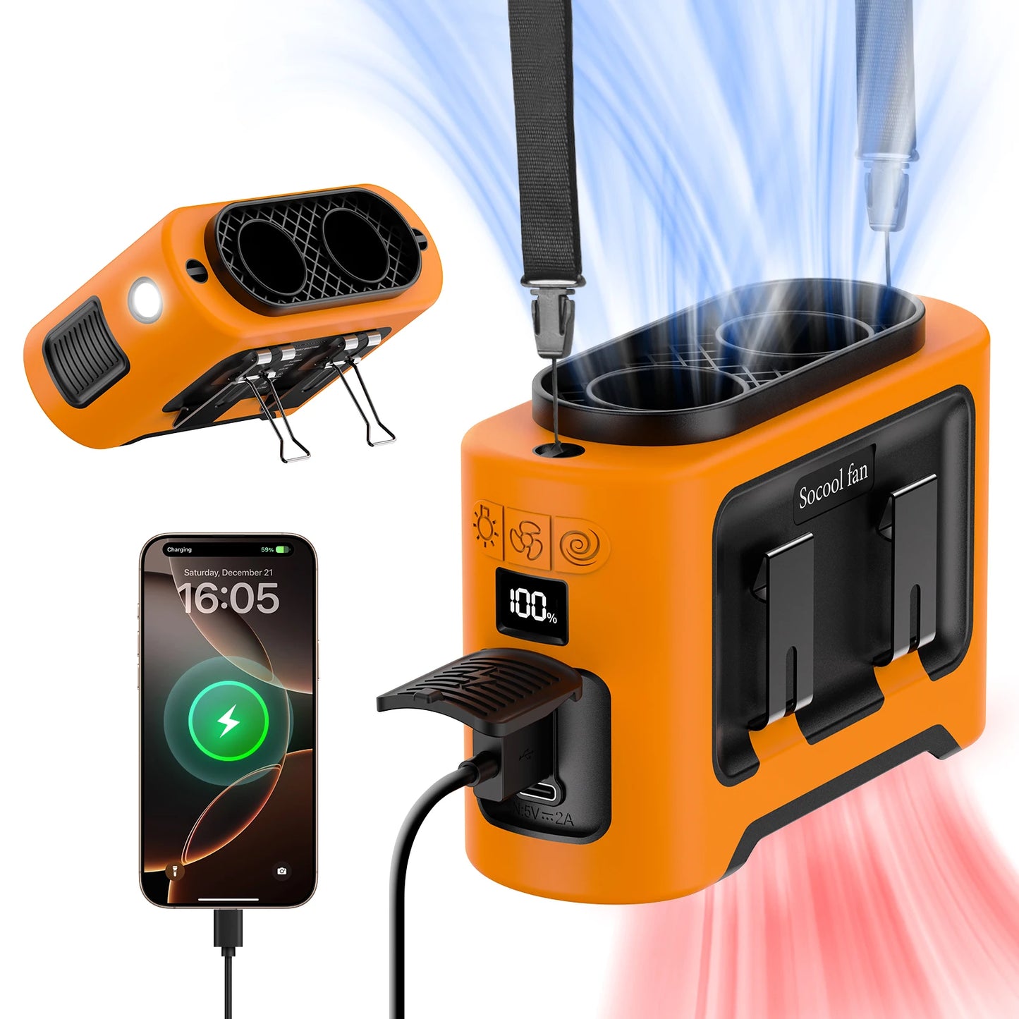 Socool 14500mAh Portable Waist Fan β Dual Airflow, Turbo Motor, Flashlight & Power Bank