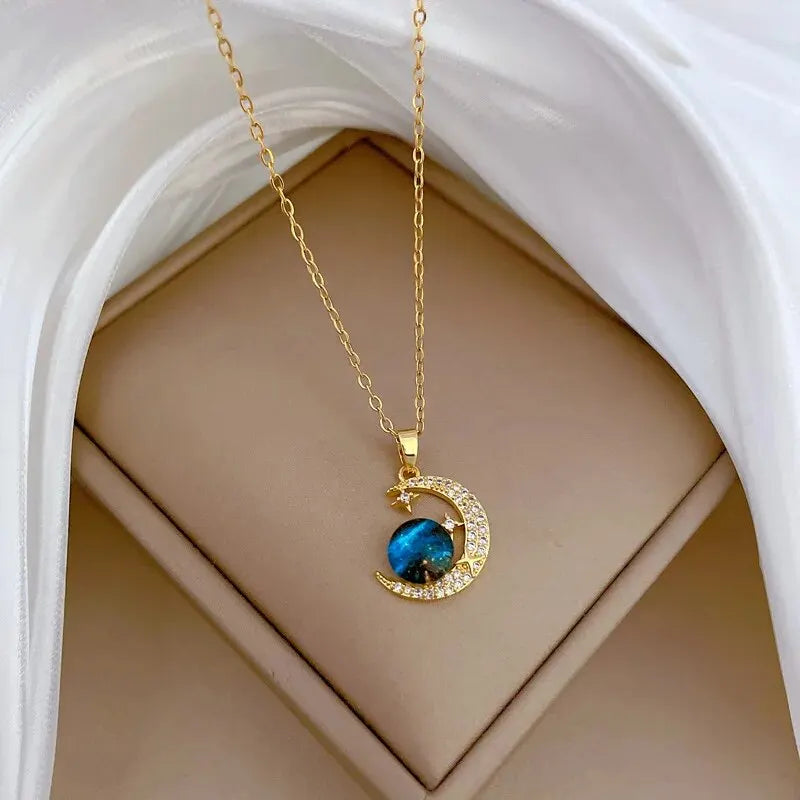 Titanium Star & Planet Pendant Necklace β Gold Astronaut Moon Charm Jewelry for Women