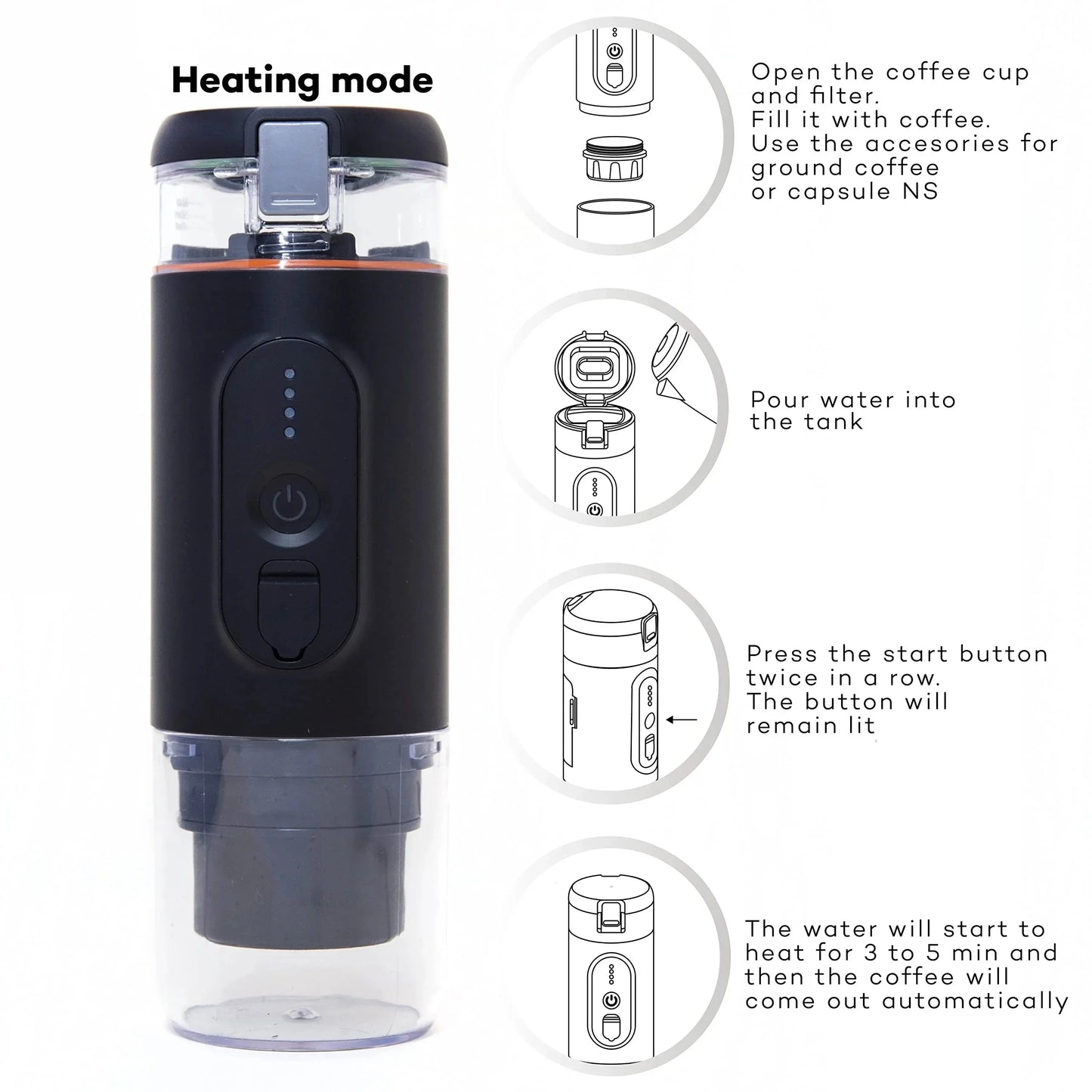 Houselin 20-Bar Portable Espresso Machine β Self-Heating, for Capsules & Ground Coffee