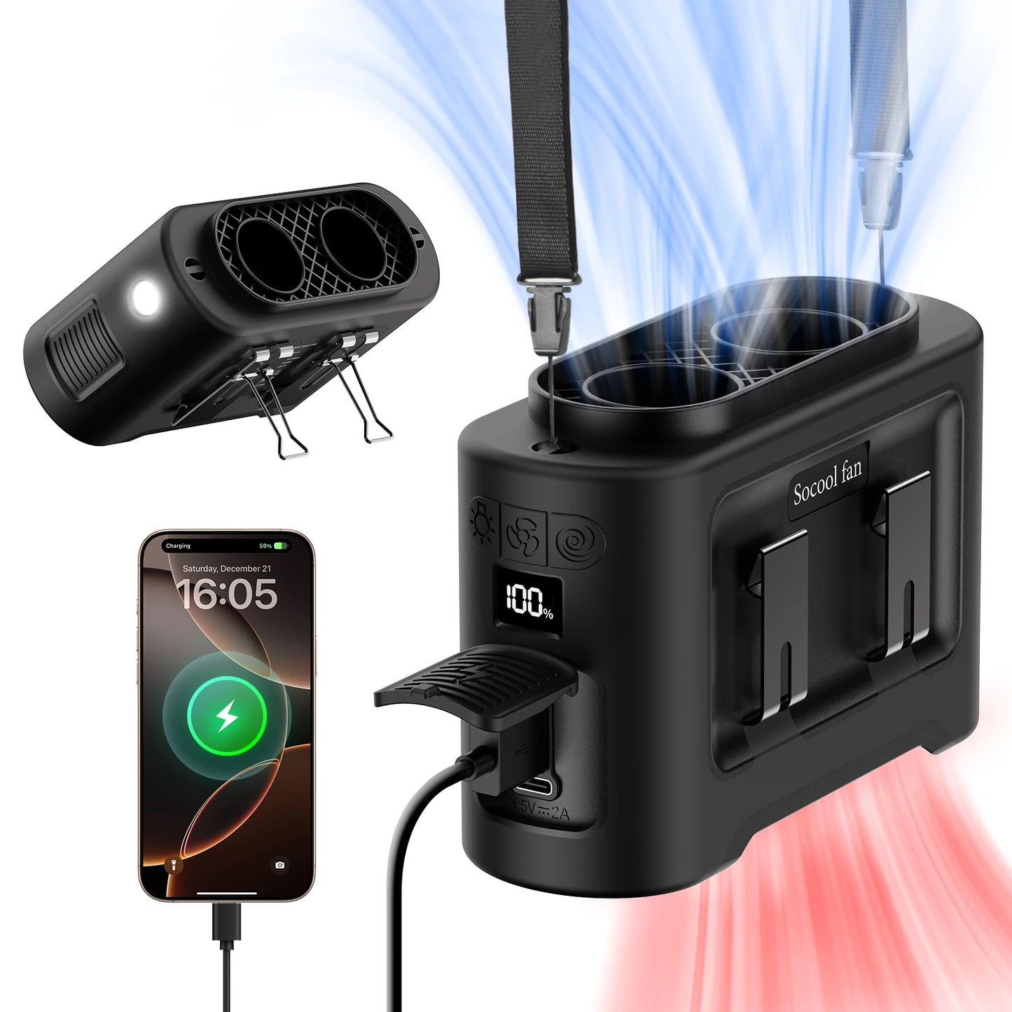 Socool 14500mAh Portable Waist Fan β Dual Airflow, Turbo Motor, Flashlight & Power Bank