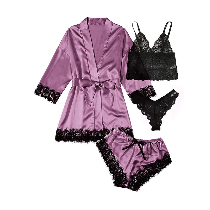 Satin Pajama Set with Lace Trim β Printed Faux Silk Sleepwear for Women