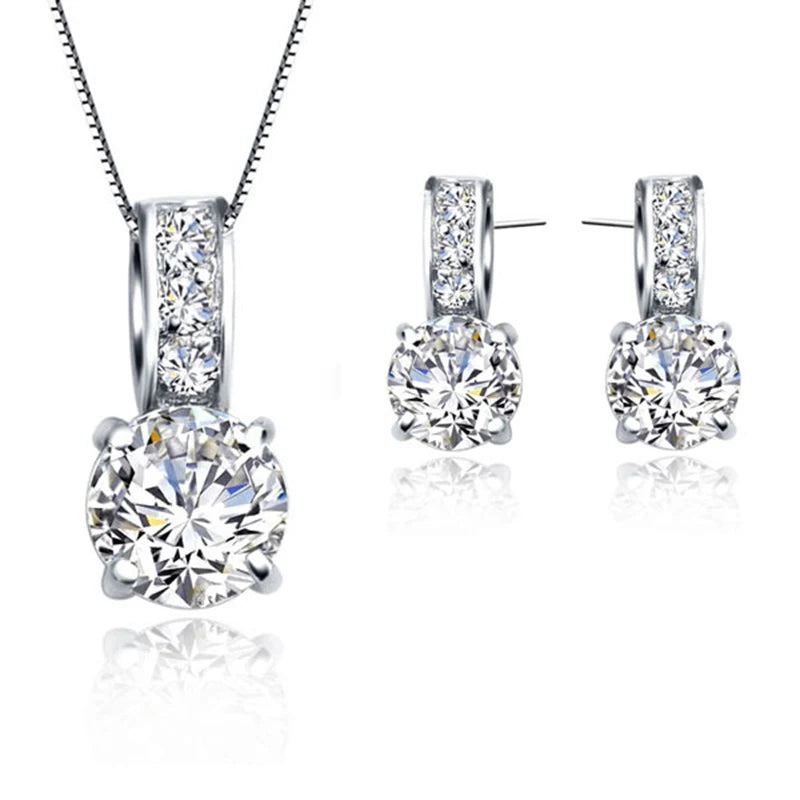 925 Sterling Silver Bridal Jewelry Set – Cubic Zirconia Pendant Necklace & Stud Earrings