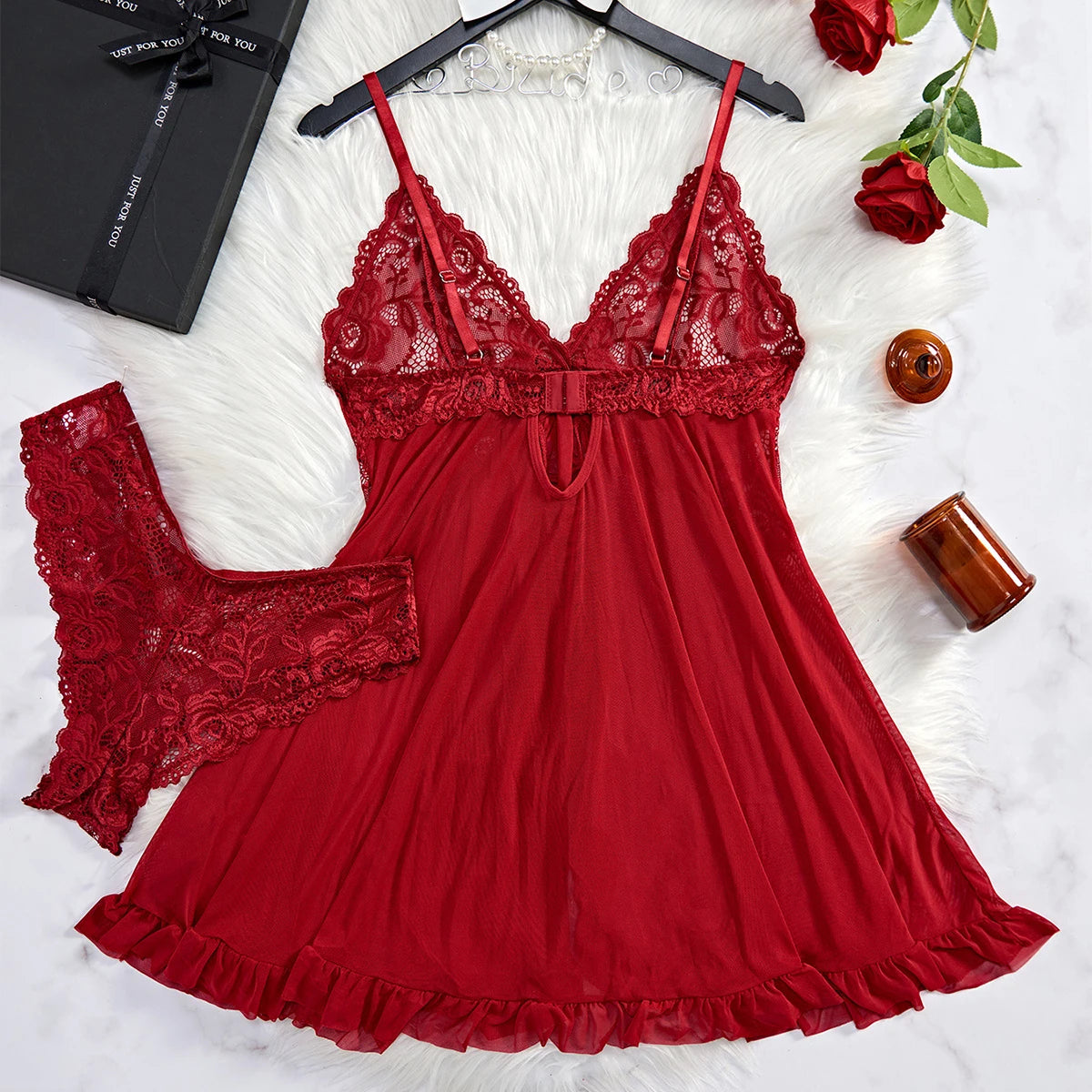 Red Transparent Lace Lingerie Set β Sexy See-Through Nightdress & Panty
