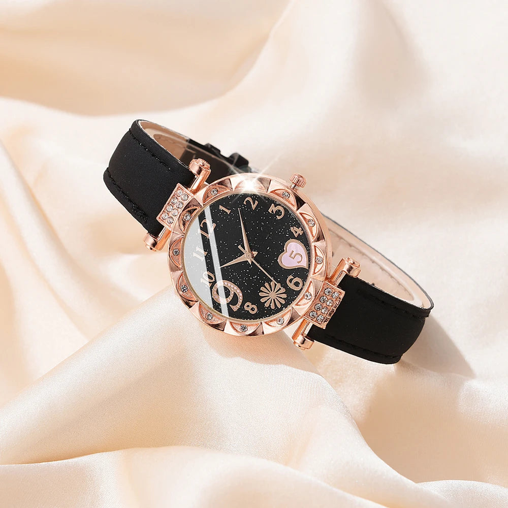 6PCS Women’s Luxury Leather Analog Quartz Watch & Bracelet Set