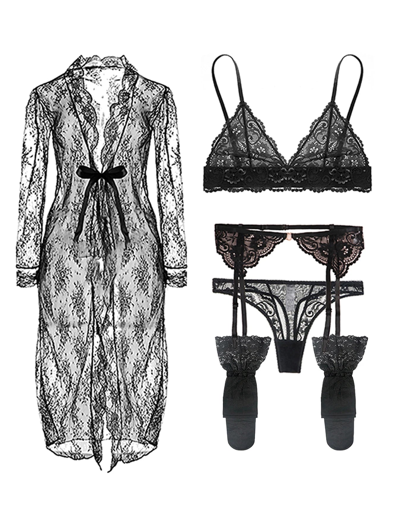 Varsbaby Lace Seduction Set β 4-Piece Non-Padded Bra, Panty & Garter Stockings Lingerie