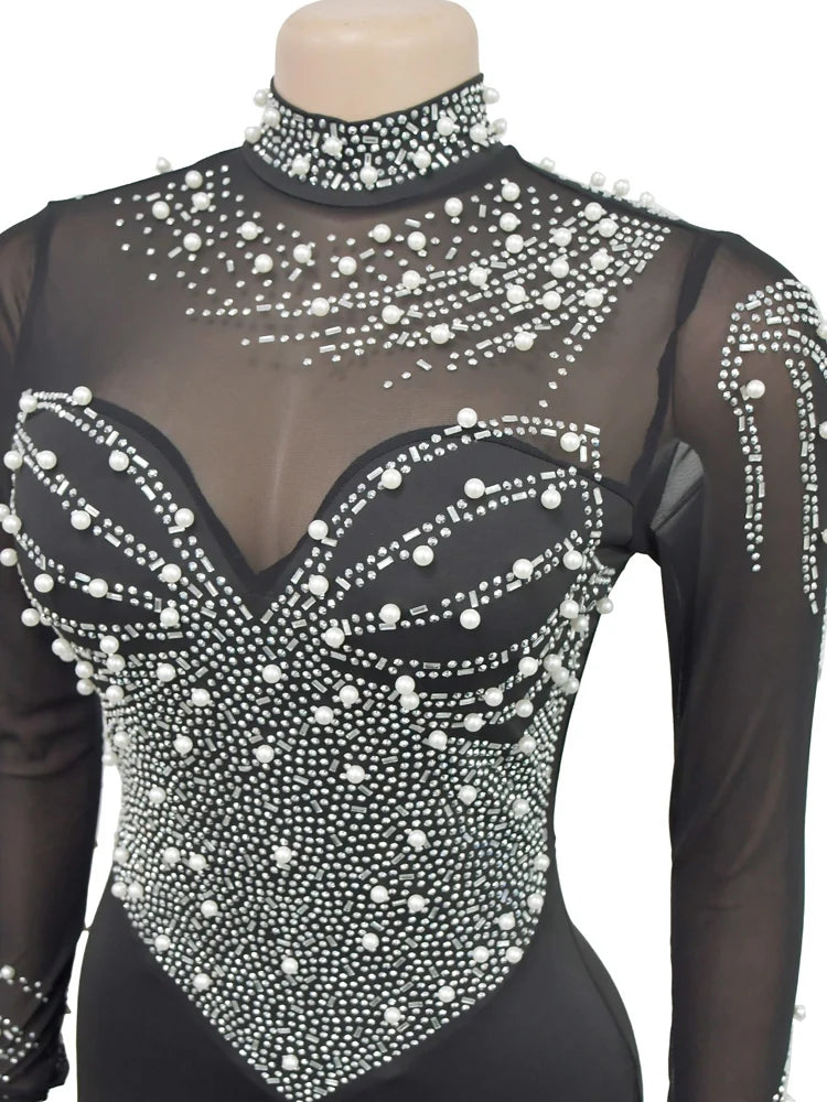 Beyprern LuxeShine β Crystal Slit Gown with Long Sleeves & Diamond Detailing