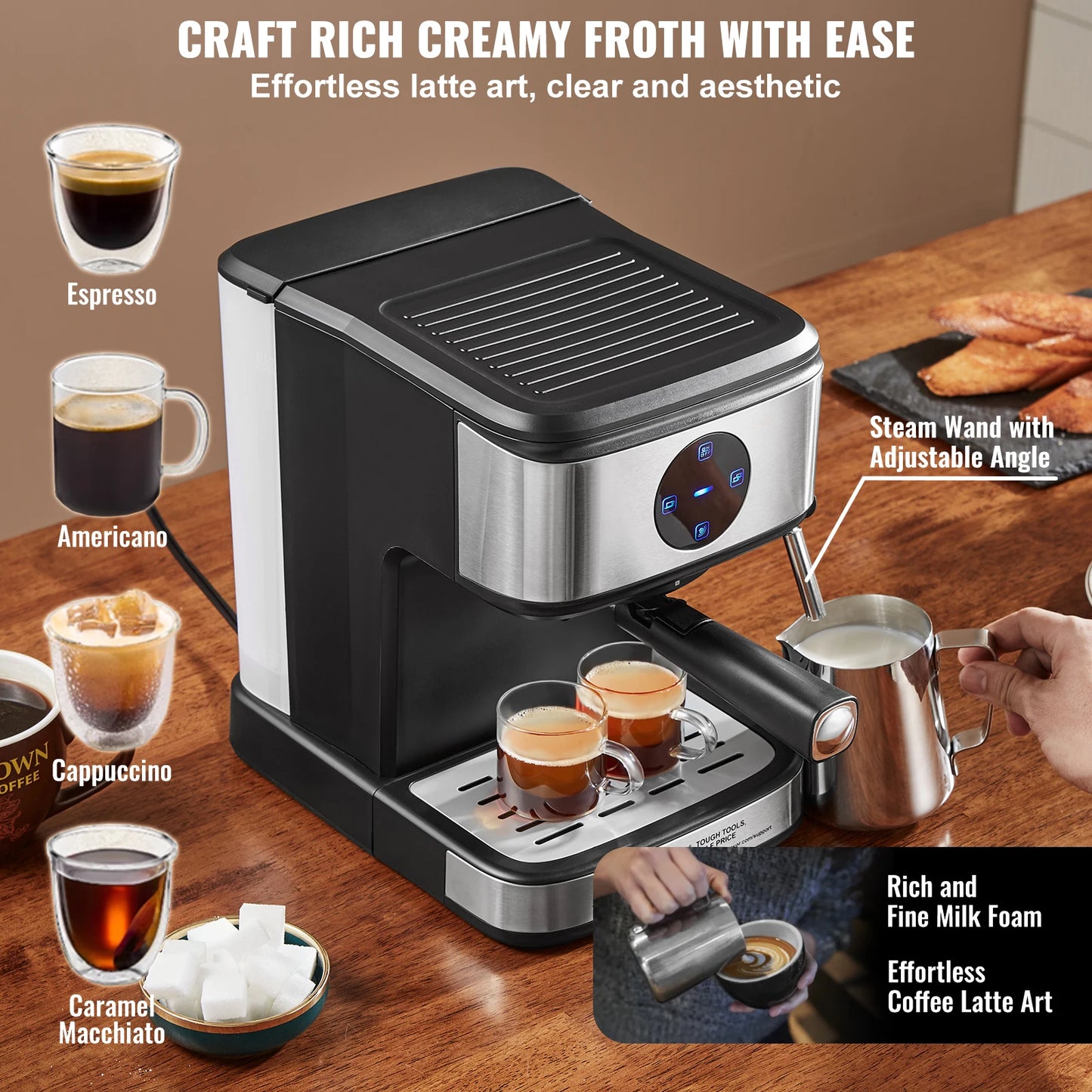 VEVOR 15-Bar Espresso Machine β Semi-Automatic Coffee Maker with Milk Frother