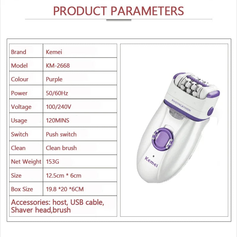 Kemei Rechargeable 2-in-1 Epilator & Shaver for Women β Smooth Skin Hair Removal Machine