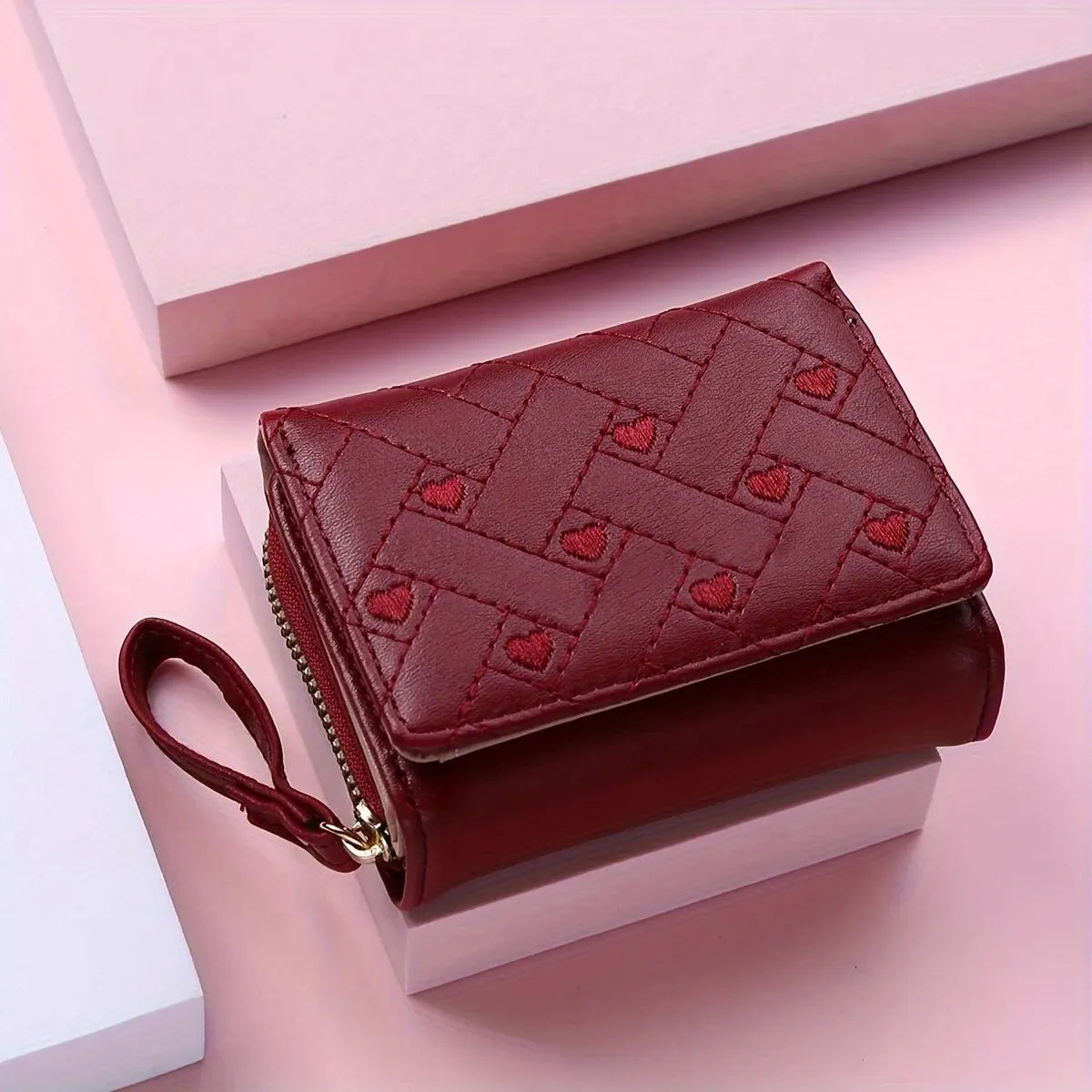Women’s Short Embroidered Love Wallet – Large Capacity Card & Coin Zipper Bag