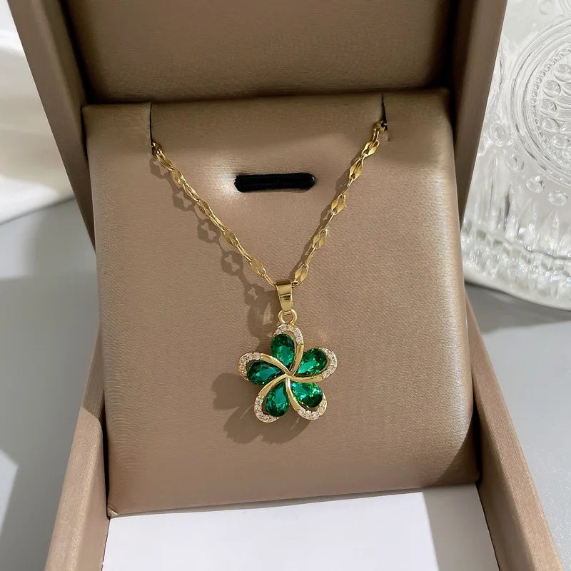 Green Zircon Flower Pendant Necklace β Stainless Steel Lucky Chain for Women