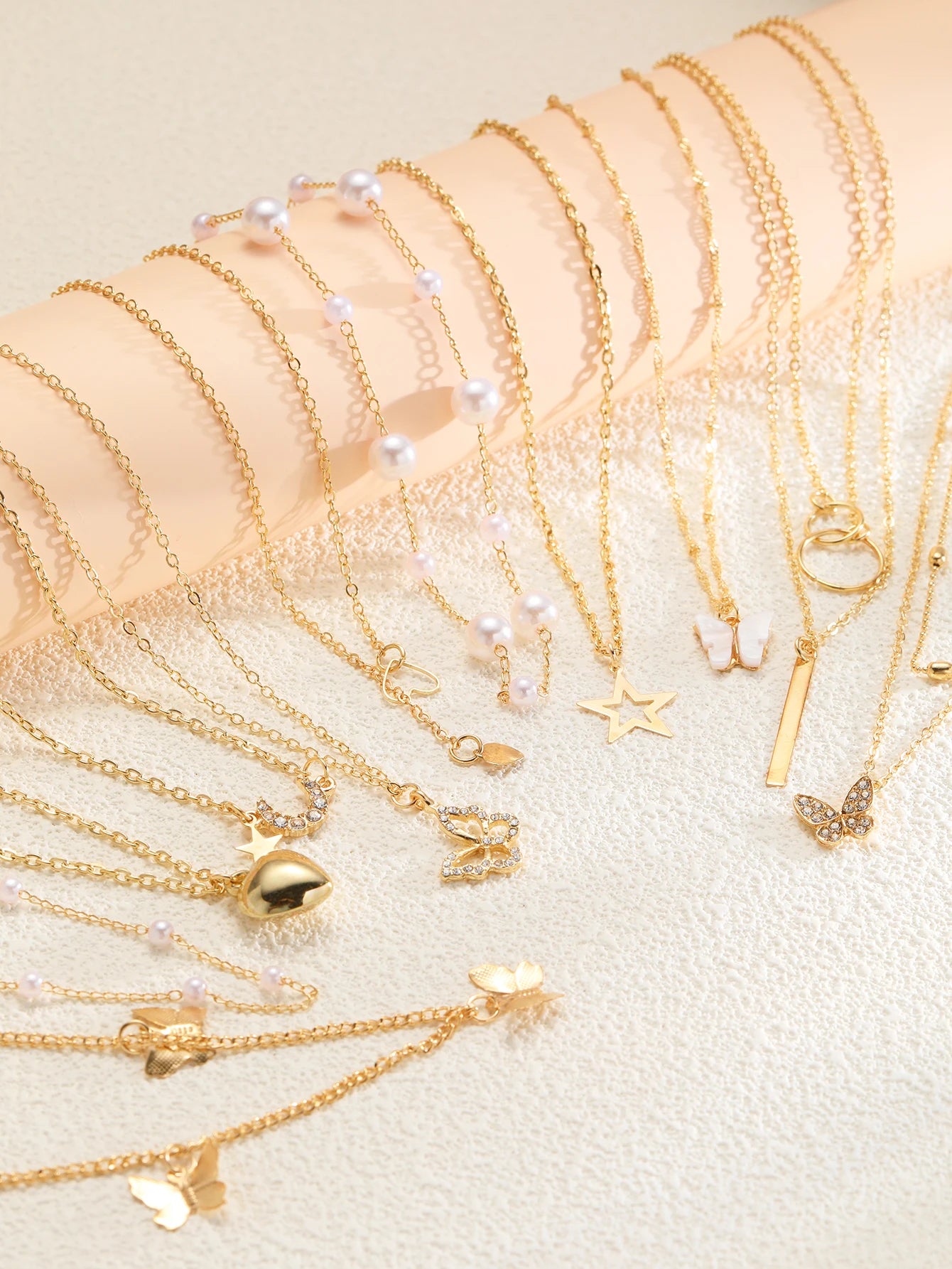 11-Piece Women’s Gold Zircon Necklace Set – Love Heart & Butterfly Pendants