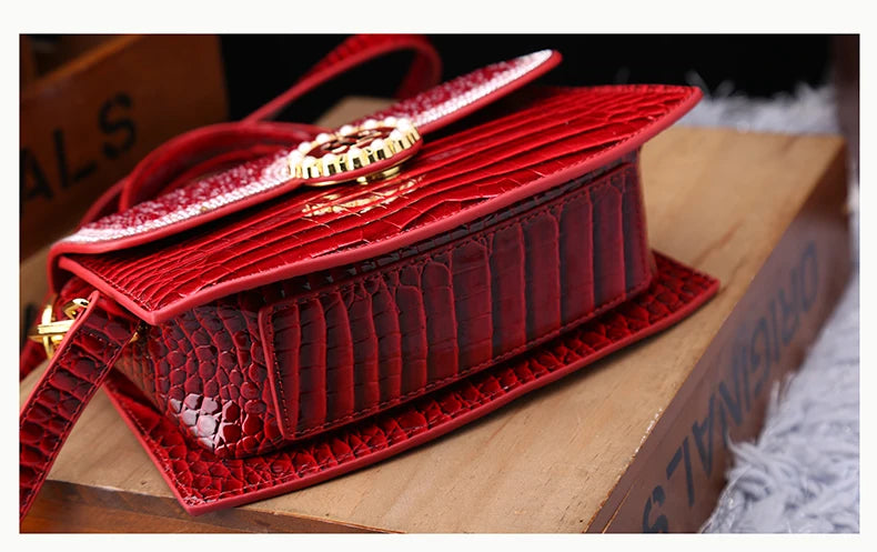CrimsonGlam β 2025 Croc-Pattern Diamond Shell Handbag