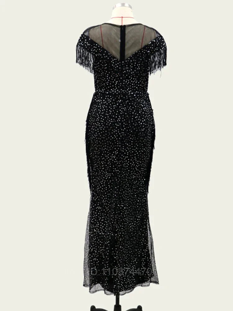 TulleWhisper β Embroidered Leaf Tassel Evening Gown