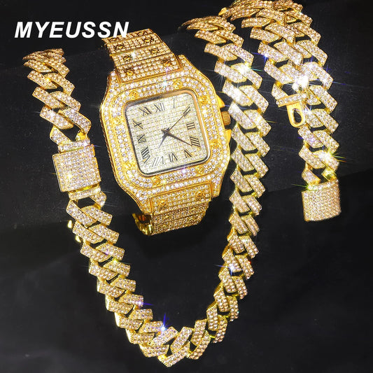 BlingCuban Set – Gold Cuban Chain Watch & Bracelet for Men